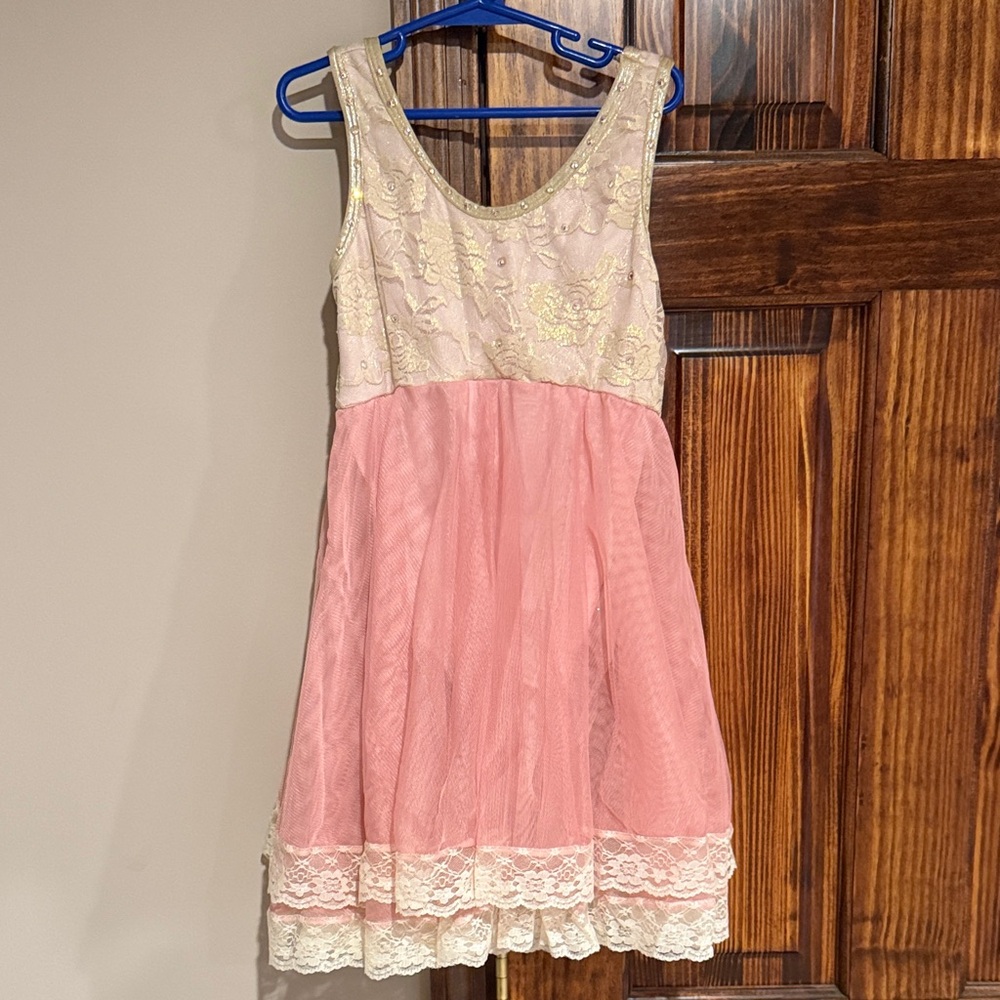 Elegant Pink and Cream Lace Kids Dance Costume